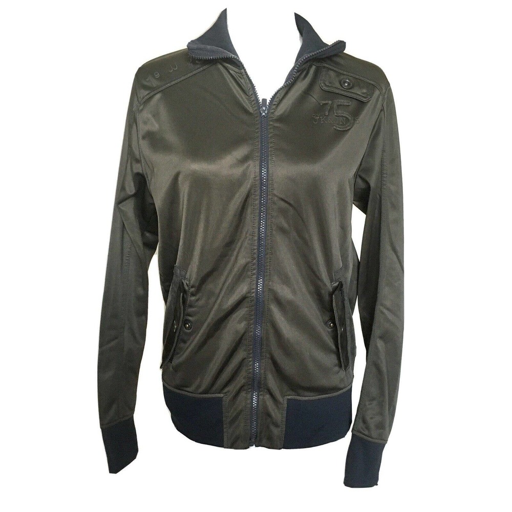 Jack & Jones Sz Small Olive Green Full Zip Soft Shell Jacket Coat Black Trim